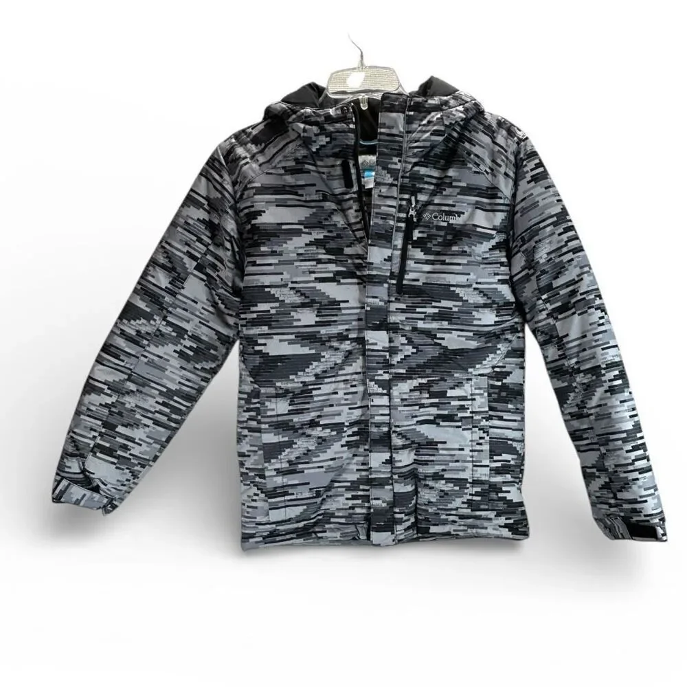 Columbia Youth L Insulated Jacket Gray Black Digital Camo Hooded Puffer Coat